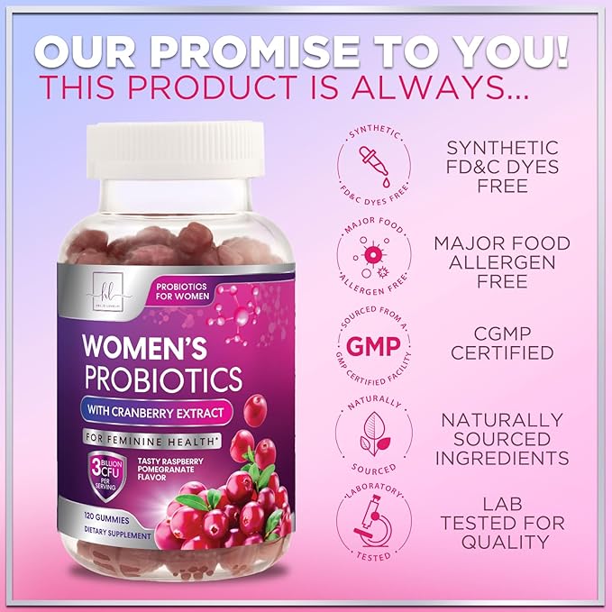 Probiotics for Women Gummies with Cranberry - 6 Premium Strains for PH Balance Digestive Health Vaginal &amp Immune Support 3 Billion CFU Women's Probiotic Gummy for Feminine Health - 120 Gummies