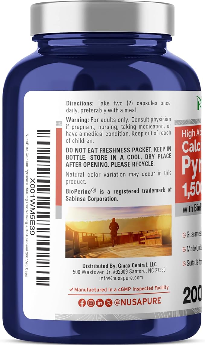 NusaPure Calcium Pyruvate - Suitable for Vegetarian/Vegan Non - GMO - 1500 mg - 200 Capsules