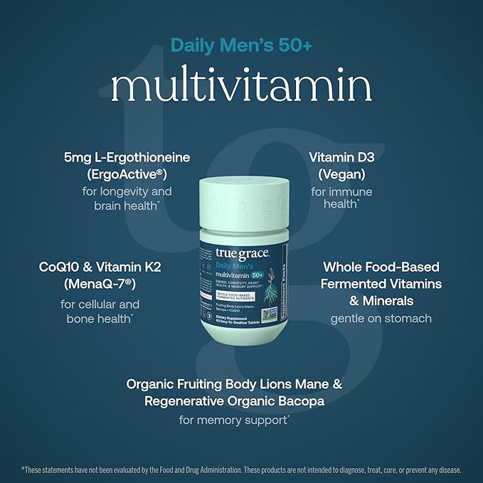 True Grace Daily Men’s Multivitamin 50+ - 60 Easy-to-Swallow Tablets - Immune Energy Longevity &amp Memory Support - Gluten Free Soy Free Vegan - 30 Servings