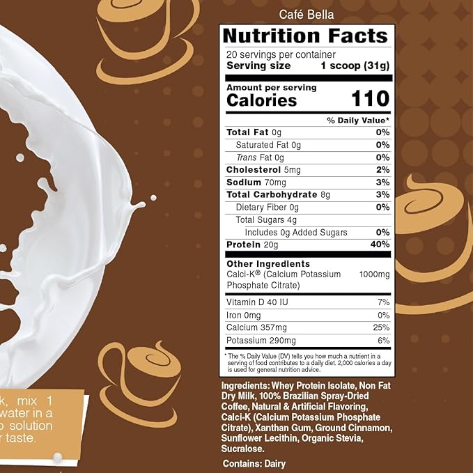 Bariatric Eating Inspire Cafe Bella Vanilla Cinnamon Cappuccino Sugar-Free 20g Whey Protein Isolate Powder (20 Servings)