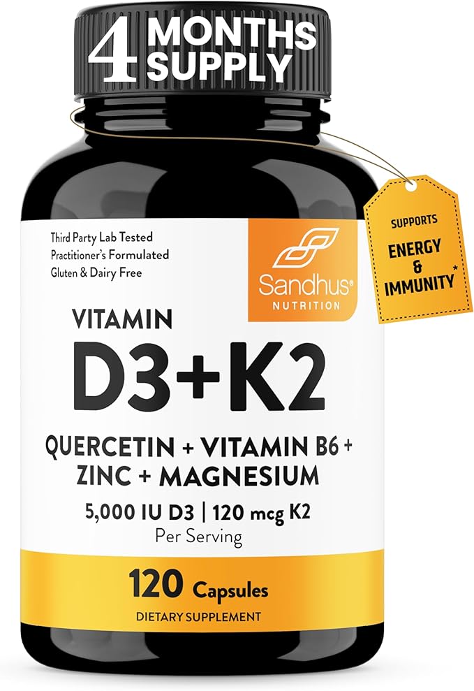 Sandhu's Zinc Quercetin &amp Vitamin D3 K2 Capsules (120 Count Each) | Supports Immune Energy Skin &amp Muscle Health