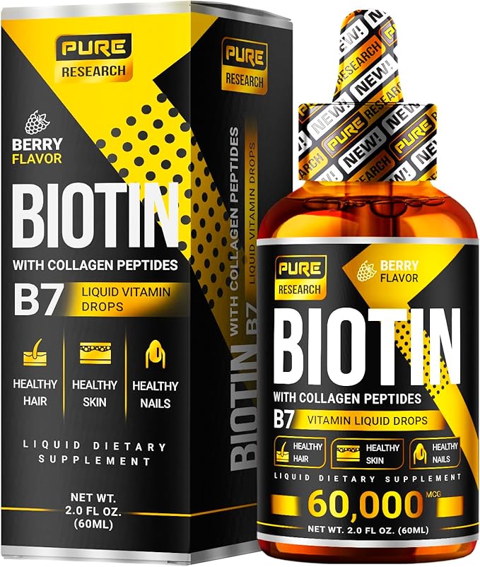 Liquid Biotin &amp Collagen Hair Growth Drops 60000mcg - Biotin and Liquid Collagen Supplement for Men &amp Women - Glowing Skin Support Healthy Hair &amp Nail Growth - 2oz