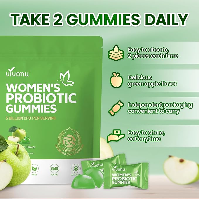 VivoNu Viginal Probiotic for Women Women Probiotic Gummies Feminine Balance Gummies Green Apple Probiotics for Woman Vaginigal Health Yeast Ph Balance