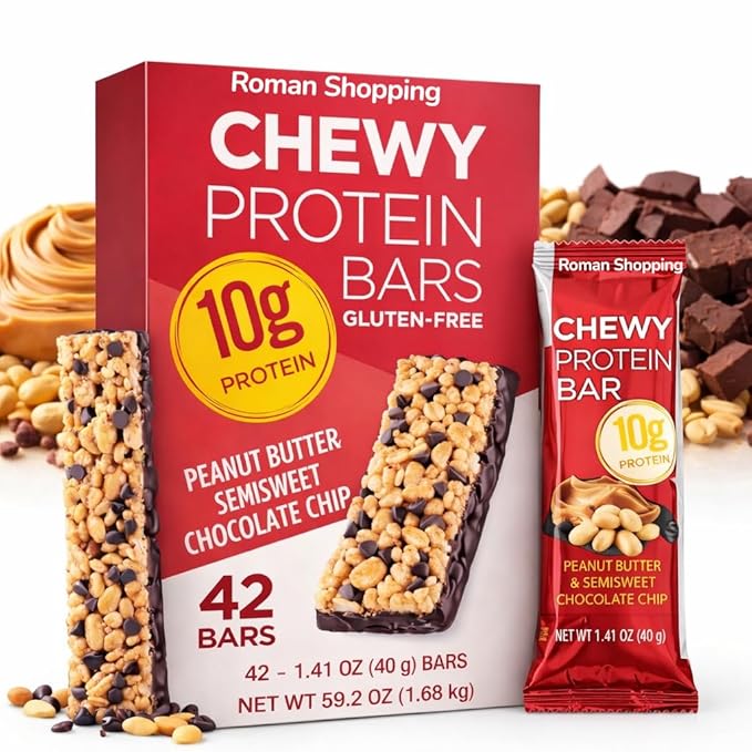 Kirkland Peanut Butter &amp Semisweet Chocolate Chip Protein Bars – 10g Protein Gluten Free Kosher 42 Count 1.41 oz Bars Net Wt 59.2 oz