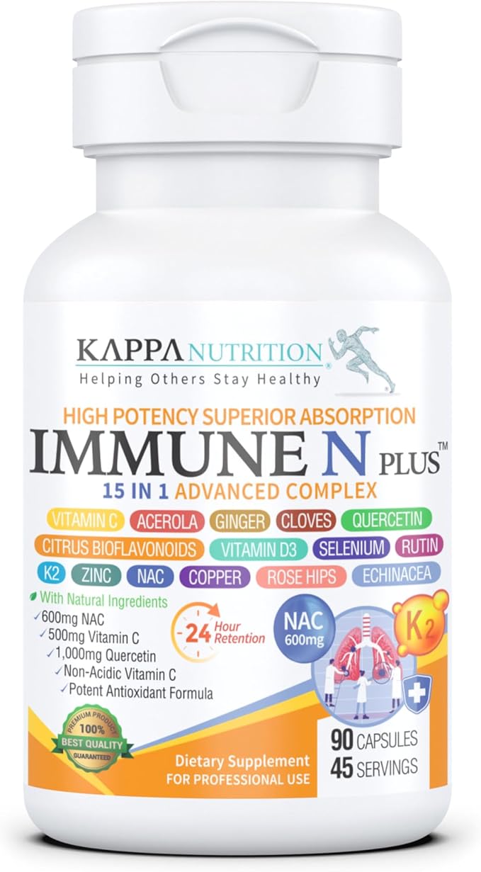 (90 Capsules) NAC 600mg Quercetin 1000mg Vitamin C 500mg Zinc 50mg Vitamin D3 5000iu Selenium Copper Acerola Ginger Rutin Citrus Bioflavonoids Rose Hips Echinacea Immune N Plus 15 in 1