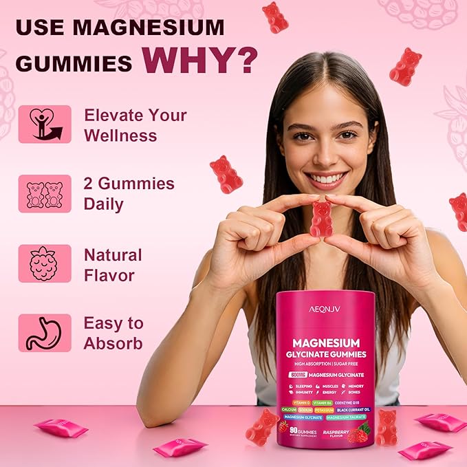 Magnesium Glycinate Gummies 600mg High Absorption Magnesium Complex Sugar Free Chewables Gummies with VitaminD &amp B6 CQ10 for Adults &amp Kids Relaxation Muscle &amp Zzz Support