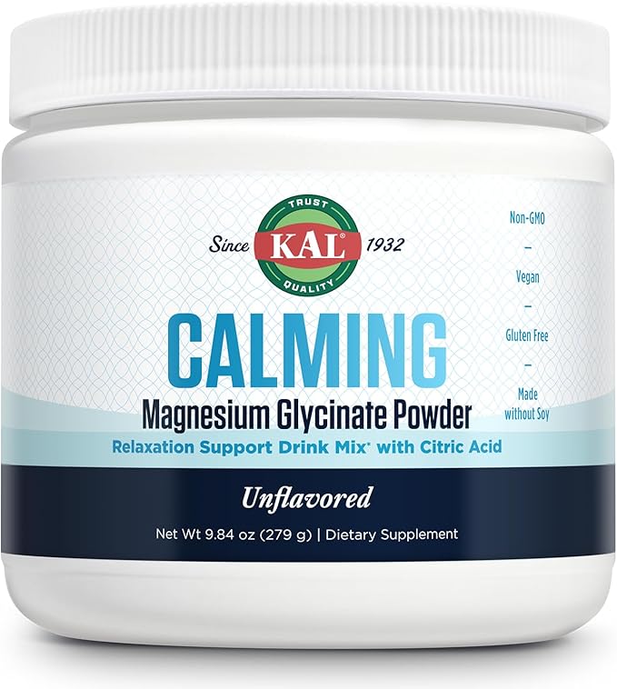 KAL Calming Magnesium Glycinate Powder Plus Citric Acid - Unflavored - Nervous System Bone and Relaxation Support Drink Mix - No Sugar - 60-Day Guarantee 40 Servings 8.5 OZ