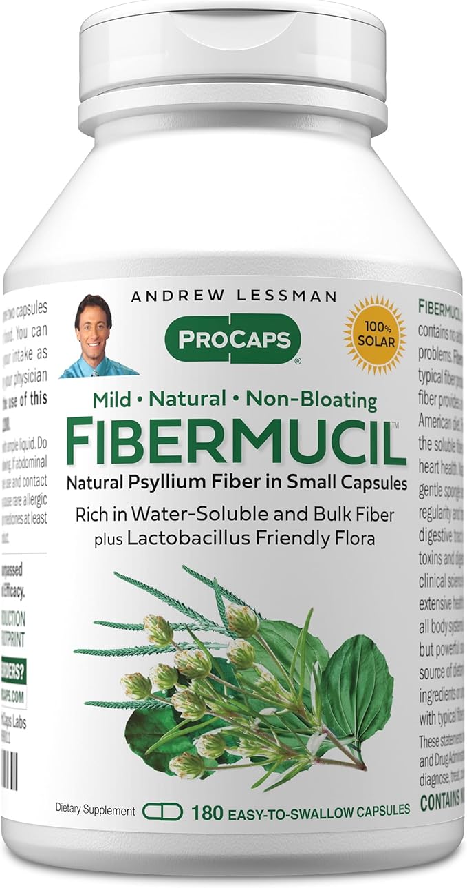 ANDREW LESSMAN Fibermucil 180 Capsules -Psyllium Husk Powder. Gently Promotes Regularity and Digestive Health. Rich in Fiber. Gentle Easy Effective. No Additives. Small Easy to Swallow Capsules