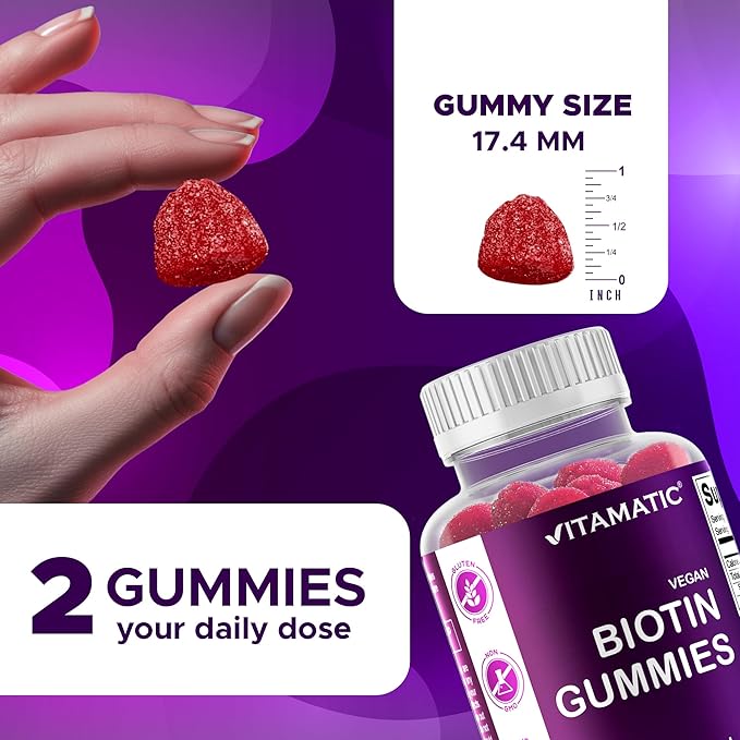 Vitamatic Biotin Gummies 10000 mcg for Stronger Hair Skin &amp Nails - 60 Vegan Gummies - Also Called Vitamin B7 (3 Bottles)