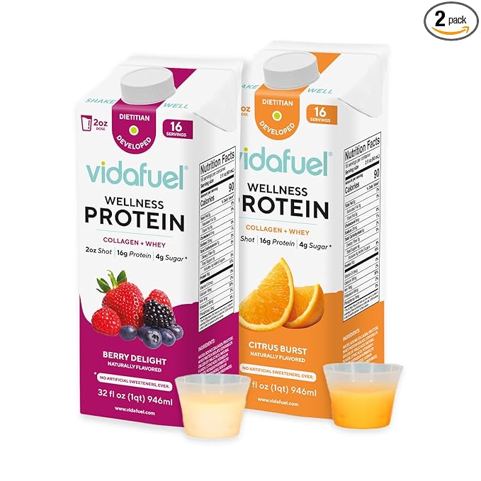 Vidafuel Protein Drink 16g protein per 2oz shot 32 fl oz carton 2 Pack berry and citrus collagen and whey drink no artificial sweeteners