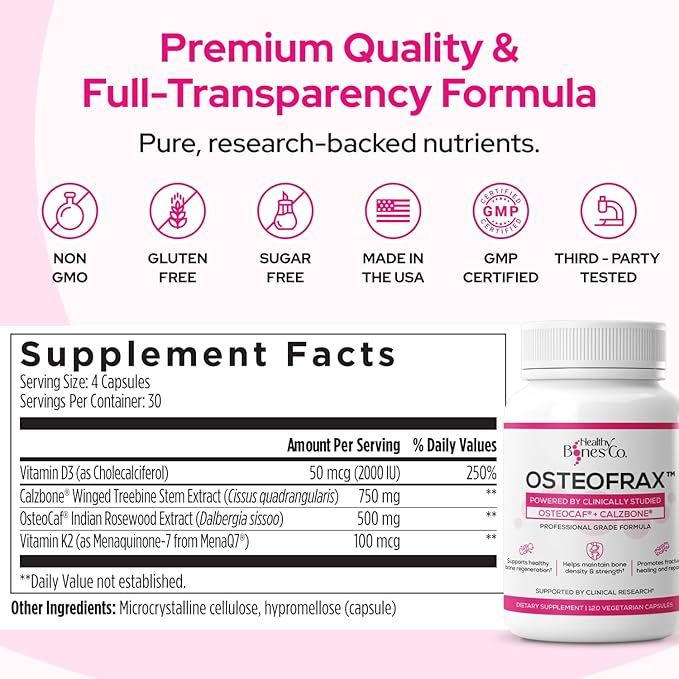 OsteoFrax™ Bone Health Supplement for Women - Cissus Quadrangularis &amp OsteoCaf® Vitamin D3 &amp K2 MK-7 Supports Bone Wellness 4-Phase Bone Support Formula