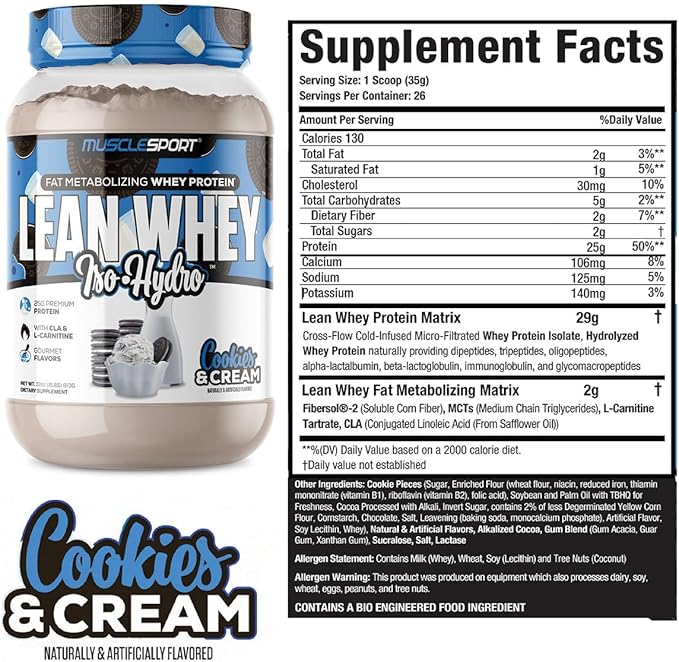 MuscleSport Lean Whey Revolution™ Whey Protein Isolate with Hydrolyzed Whey - Low Calorie Low Carb Low Fat Incredible Flavors - 25g protein per scoop (2lb Cookies N Cream)