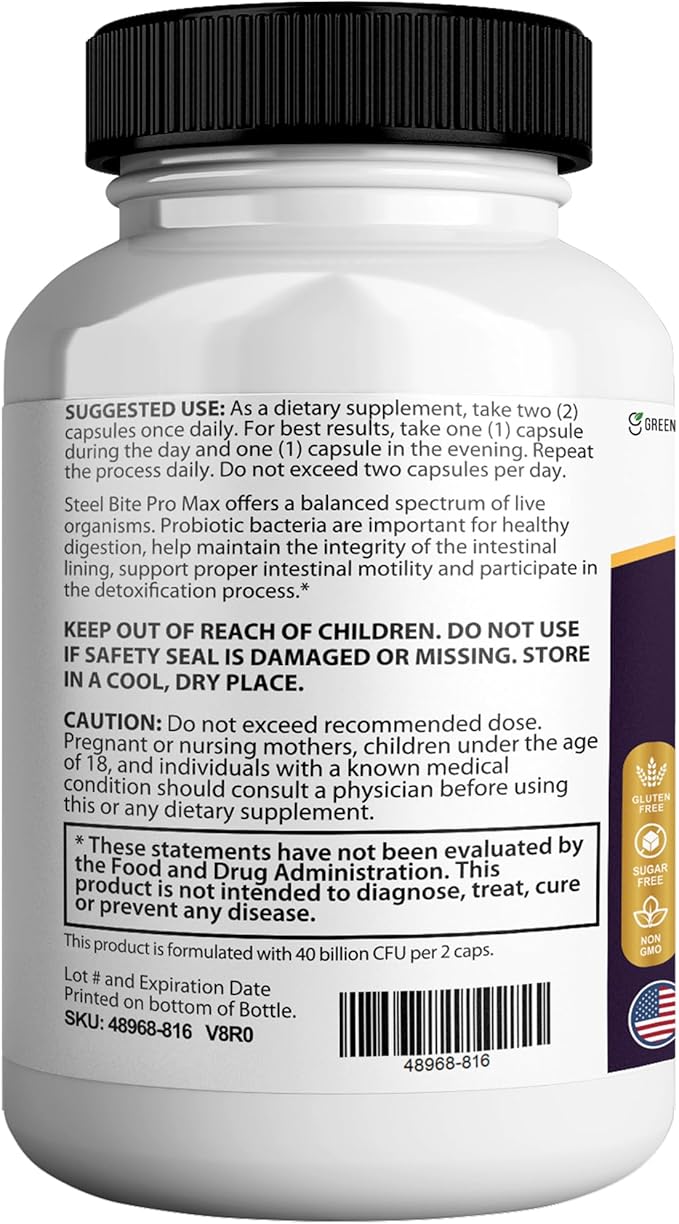 Steel Bite Pro Max Probiotic Supplement 40 Billion CFU 60 Capsules 30 Day Supply (2)