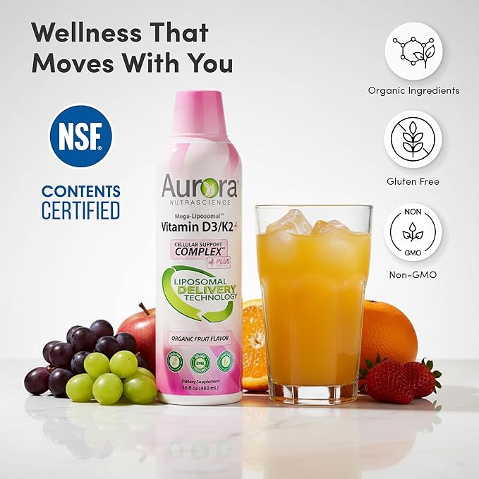 Vida Lifescience Aurora Nutrascience Mega-Liposomal Vitamin D3/K2+ with Vitamin C for Cognitive Health Organic Gluten Free Non GMO Strawberry Flavor 32 Servings 16 fl oz