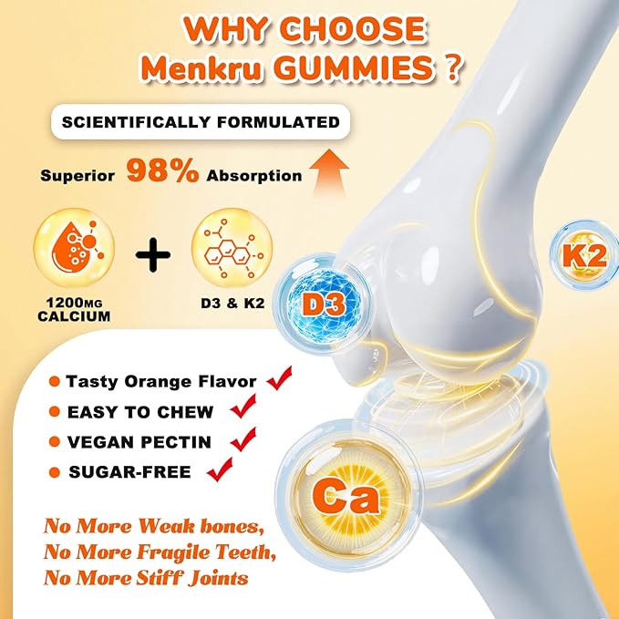 (2 Pack) Calcium Citrate GummiesCalcium 1200 mg with Vitamin D3 and K2 for Women &amp Men.Supports Bone Muscle &amp Teeth - Natural Orange Flavor120 Gummies- 60 Day Vegan Supply