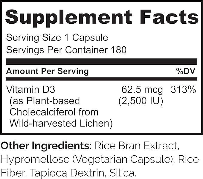 NATURELO Vitamin D - 2500 IU - Plant Based from Lichen - Natural D3 Supplement for Immune System Bone Support Joint Health - Vegan - Non-GMO - Gluten Free - 180 Capsules