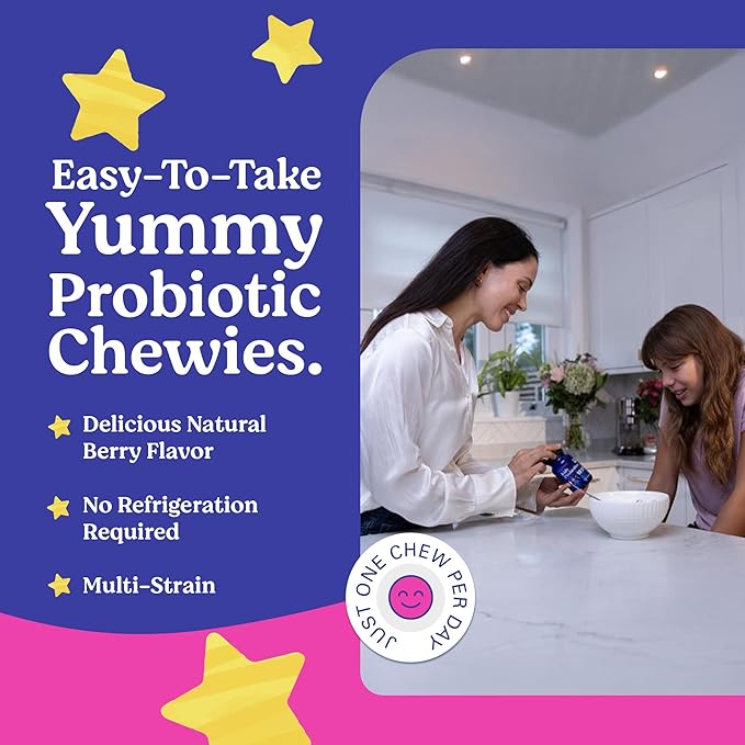 LOVEBUG Probiotics for Kids – Probiotic Chewables with Prebiotic Fiber for Age 4+Daily Children's Gut Health &amp Digestive Support Supplement Sugar-Free Berry Flavor 60 Count