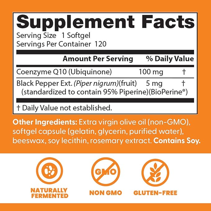 Doctor's Best High Absorption CoQ10 with BioPerine Supplement - Coenzyme Q10 Softgels for Heart Health &amp Antioxidant Support Naturally Fermented CoQ10 100mg for Women &amp Men Non GMO - 120 Sof