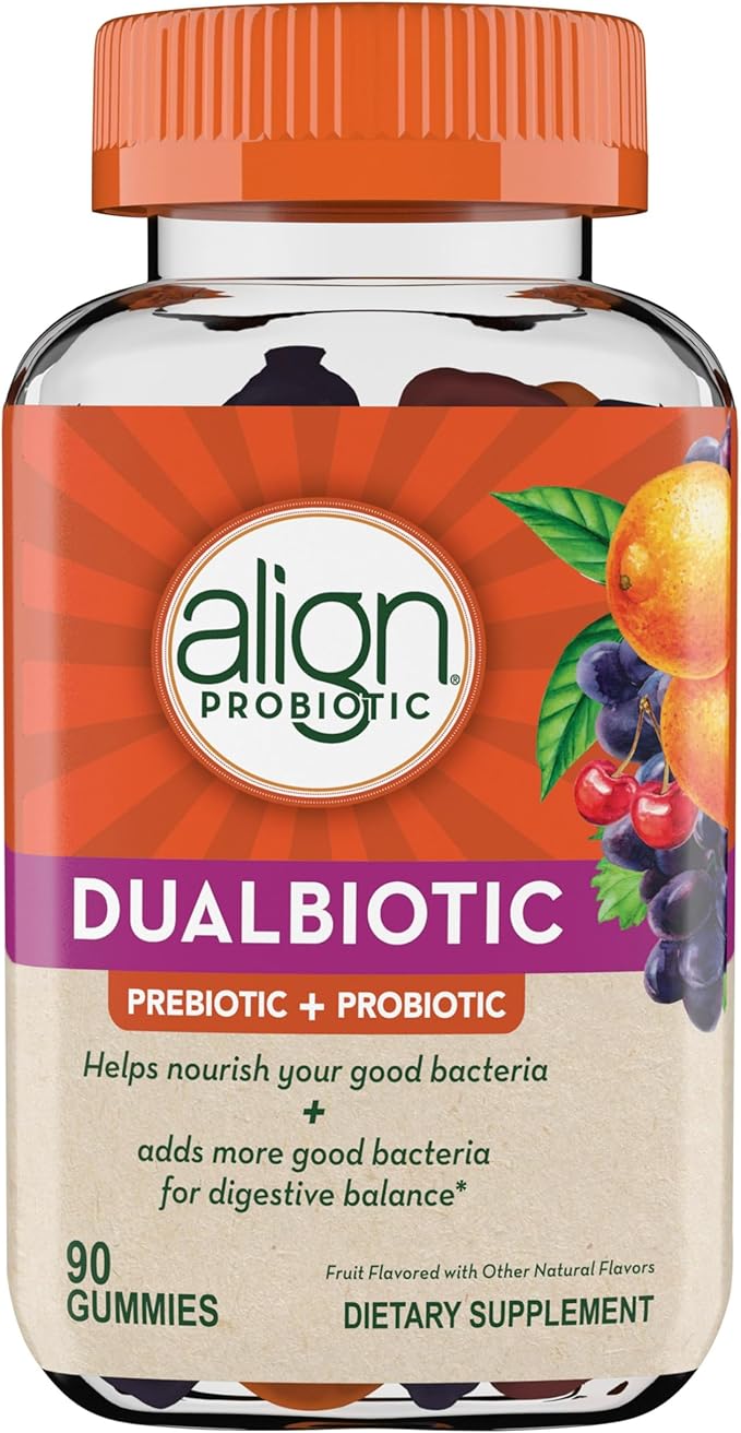 Align Dualbiotic Prebiotics and Probiotics for Women and Men Probiotics for Digestive Health Prebiotics Help Nourish Good Bacteria Natural Fruit Flavors 90 Probiotic Gummies(Pack of 2)