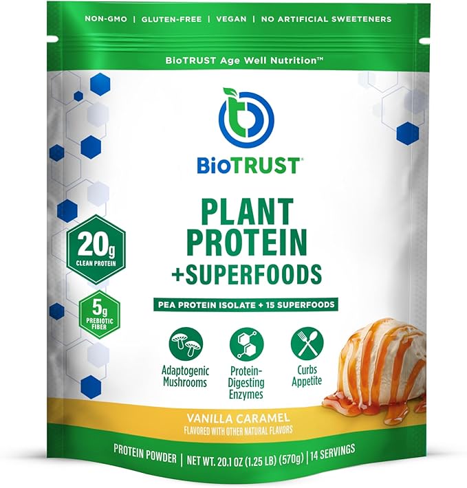 BioTrust Low Carb Plant Delicious Creamy 20 Grams of Clean Complete Plant-Based Protein 5 Grams Fiber 15 Superfoods Vegan Dairy-Free -14 Servings (Vanilla Caramel)