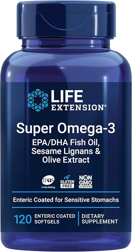Life Extension Super Omega-3 EPA/DHA Fish Oil Sesame Lignans &amp Olive Extract – Heart Health Brain Health Inflammation Health Support Gluten-Free Enteric-Coated Non-GMO 120 Softgels