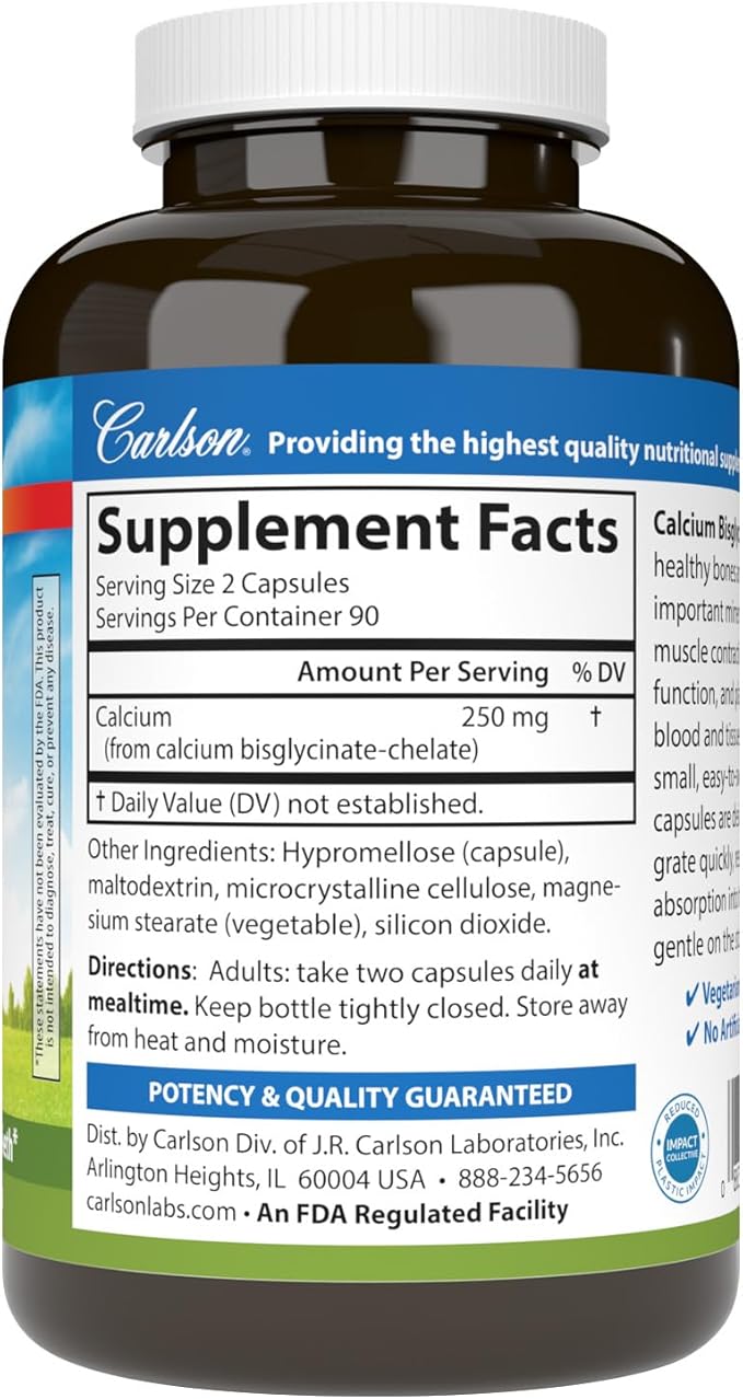 Carlson – Calcium Bisglycinate 250 mg Calcium for High Absorption Supports Healthy Bones and Teeth Gentle on Stomach Promotes Muscle Function 180 Count