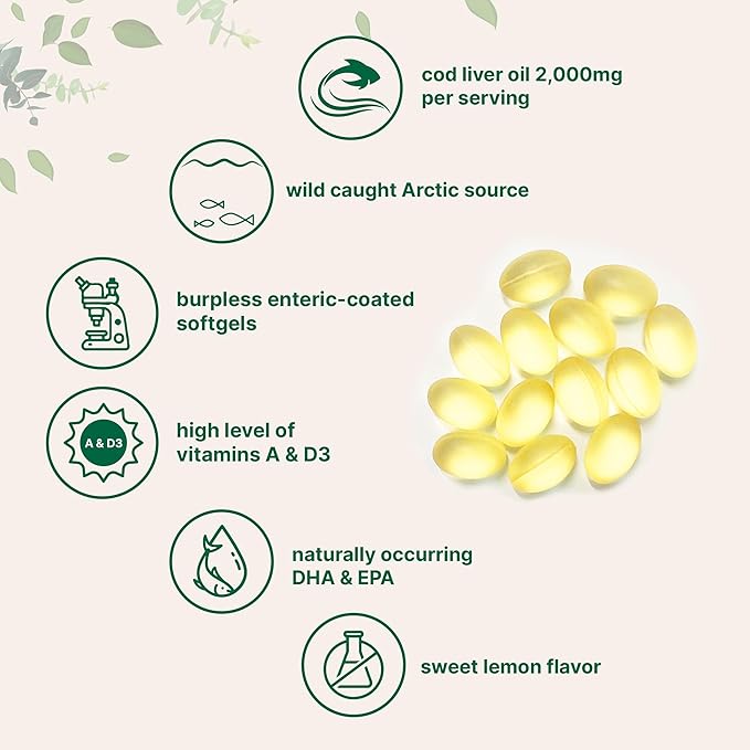 Cod Liver Oil 2000mg Per Serving 360 Softgels | Burpless Lemon Flavored – Rich in Omega 3 Vitamins A &amp D3 EPA DHA | Wild Caught Arctic Deep Sea Fish | Heart Brain &amp Immune Supplement