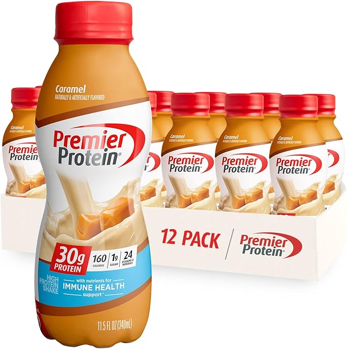 Premier Protein Powder &amp Premier Liquid Protein Shake Caramel 30g Protein 1g Sugar 24 Vitamins &amp Minerals Nutrients to Support Immune Health 11.5 fl oz Bottle (12 Pack)