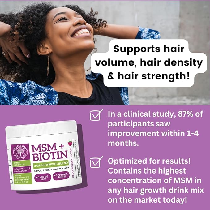Qhemet Biologics MSM + Biotin Hair Nutrient Drink Mix - Vitamins Powder to Support Lush Volume - Bamboo Silica &amp Vitamins D3 + B12 for Hair Health - Jumpstart Your Hair Growth Journey (8.5 oz)
