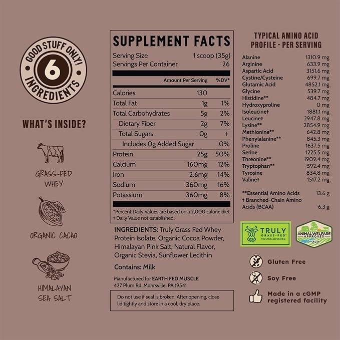 Earth Fed Muscle Dark Arts Grass Fed Truly Grass Fed Whey Protein Powder - No Artificial Ingredients Soy Free Gluten Free Non-GMO and Hormone Free (2 Pound 26 Servings Salted Chocolate)