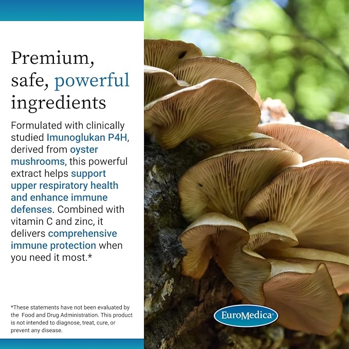 EuroMedica ImunoPleuran Extra Strength - Upper Respiratory Health Supplement - Pleuran Sourced from Mushrooms - with Vitamin C &amp Zinc - Vegan &amp Non-GMO - 15 Capsules (15 Servings)