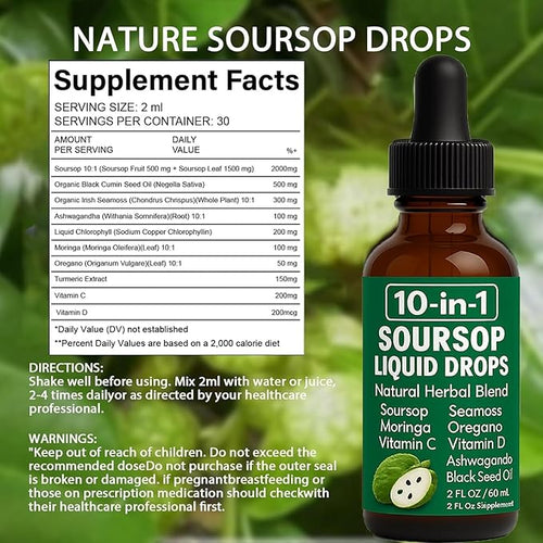 10-in-1 Soursop Extract Drops | Soursop Bitters Liquid with Sea Moss Turmeric Moringa Oregano Black Seed Oil Ashwagandha Chlorophyll - Support Heart Health Non-GMO | 2 Fl Oz (1)