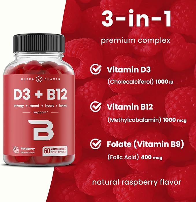 NutraChamps Vitamin D3 &amp B12 Methyl B12 Gummies for Adults &amp Kids Enhanced with Vitamin D 3 &amp B9 Vitamin Folate Natural Energy Mood Metabolism &amp Focus Raspberry 120 Gummies (Pac