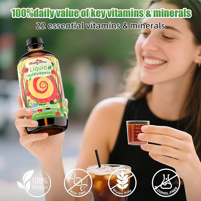 Liquid Multivitamins for Women Men: Daily Multi Vitamins Mineral Supplements for Adults Kids Support Health Immune Focus Energy Hair Growth Bones Liquid Vitamins High Absorption with Measuring Cup