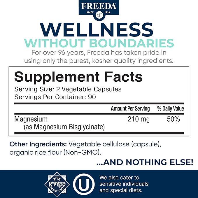 Freeda Magnesium Glycinate | High Absorption Chelated Magnesium | No Oxide | Supports Sleep Muscle &amp Nerve Function | Non-GMO Vegan Kosher | Gentle on Digestion | 90 Capsules