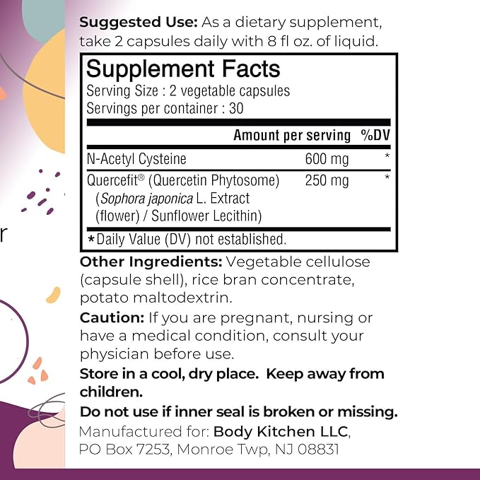 Body Kitchen Mega NAC (N-Acetyl Cysteine) 600 mg with Quercetin Supports Respiratory Health and Immune Function and Promotes Liver and Kidney Detox Veggie Caps (Pack of 3)
