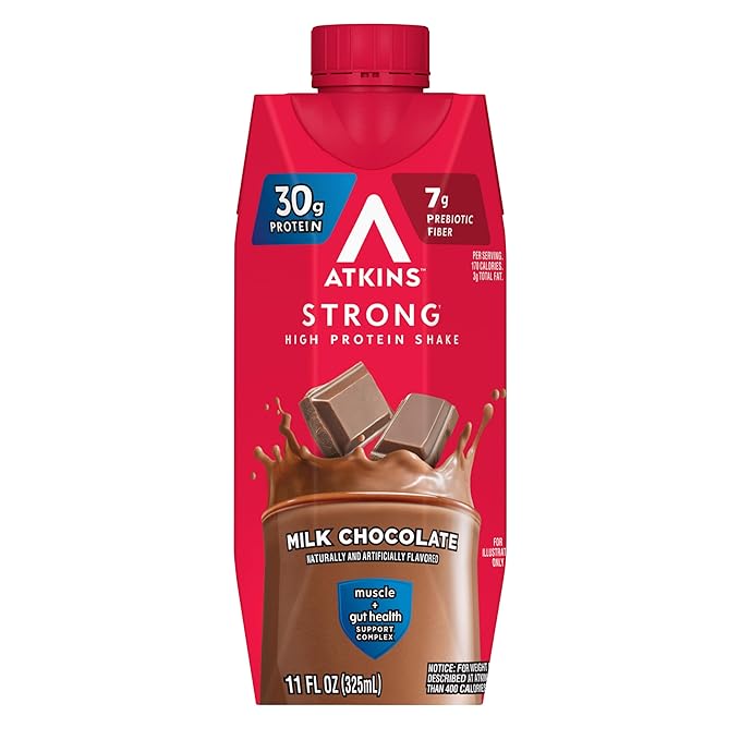 Atkins Strong High Protein Shake Milk Chocolate 30g Protein 7g Prebiotic Fiber 1g Sugar GLP-1 Support Muscle &amp Gut Health Support Complex 12 Count