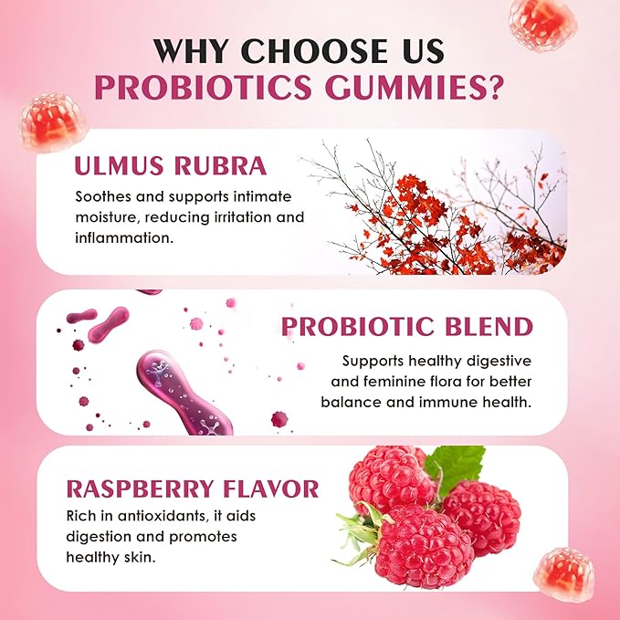 Women's Probiotic Gummies pH Balance &amp Gut Flora Natural Raspberry Flavor Vegan &amp Non-GMO 90 Gummies