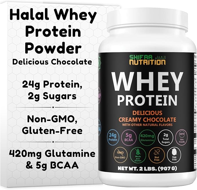 SHIFAA NUTRITION 2 Lbs Halal Whey Protein Powder Creamy Chocolate. 24g Protein 5g BCAAs &amp 420mg Glutamine. for Building Lean Muscles &amp Recovery. Sugar-Free Keto-Friendly Gluten-Free Non-GM