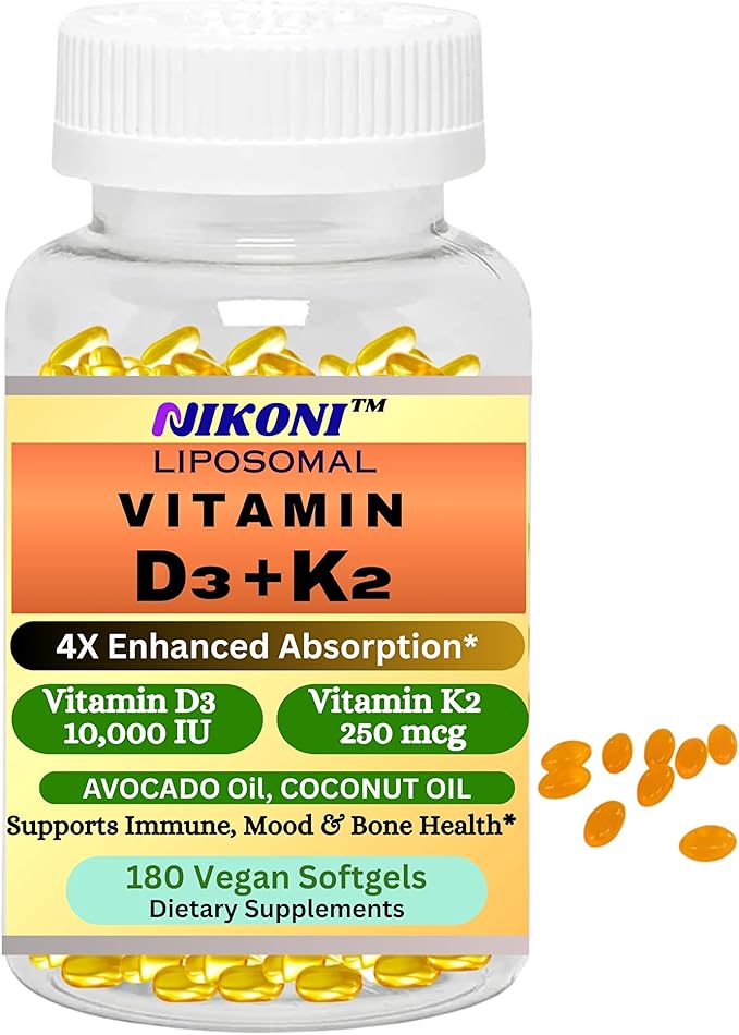Nikoni Liposomal Vitamin D3 10000 IU Vitamin K2 (MK-7) 250 mcg Infused with Coconut &amp Avacado Oil Easy to Swallow Supports Calcium Absorption Bone Health 180 Vegan Softgels