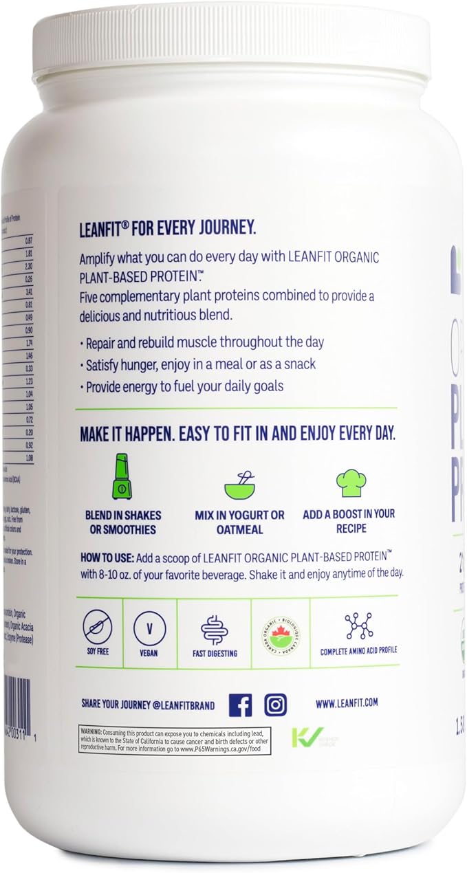 LeanFit Organic Plant-Based Protein Powder Natural Vanilla Flavor - Vegan USDA Organic Certified Soy-Free Gluten-Free Dairy-Free Sugar-Free Non-GMO - 21g Protein 19 Servings 1.58 Pound Tub