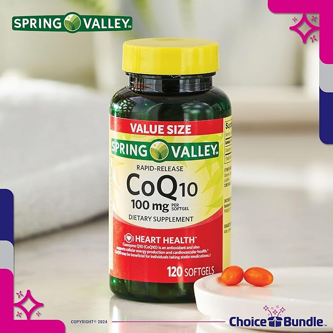 Choice Bundle Spring Valley Rapid-Release CoQ10 Coenzyme Q10 100 mg Softgels 120 CT 3 pk (360 Total) + Vitamin Guide &amp Pill Container (5 Items)!