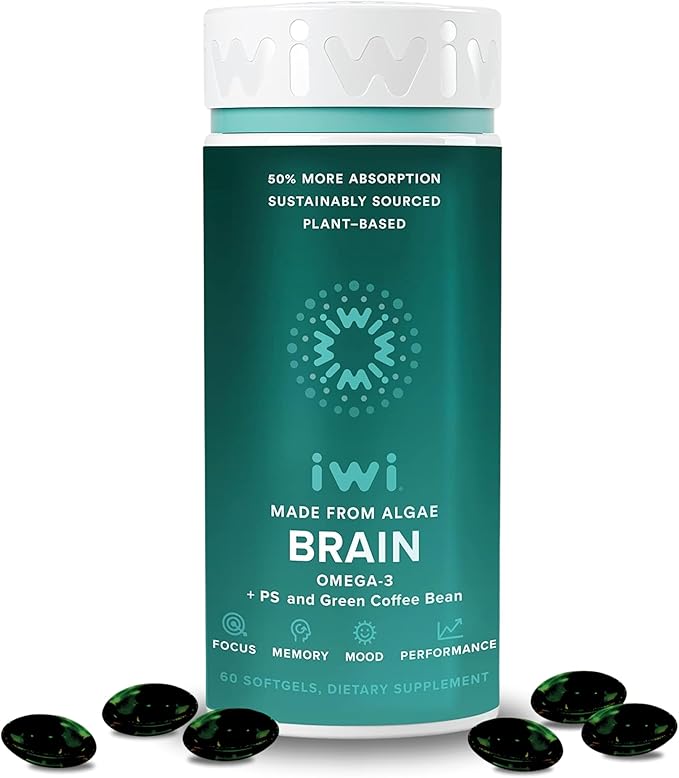 Iwi Life Brain Omega-3 60 Softgels (30 Servings) Vegan Plant-Based Algae Omega-3 with EPA + DHA Focus Memory and Mood Support Dietary Supplement Krill &amp Fish Oil Alternative No Fishy Afterta