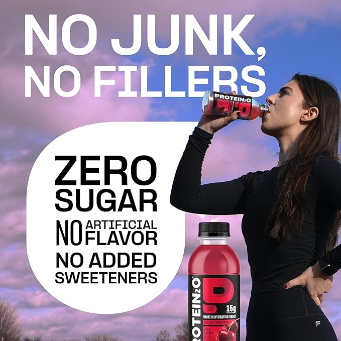 Protein2o Hydration Drink - 2-in-1 Liquid Clear Whey Protein Isolate and Electrolyte Drink - 15g ProteinVitamins B5B6 - Post-Workout Recovery - 16.9 Fl Oz - Wild Cherry(Pack of 24)