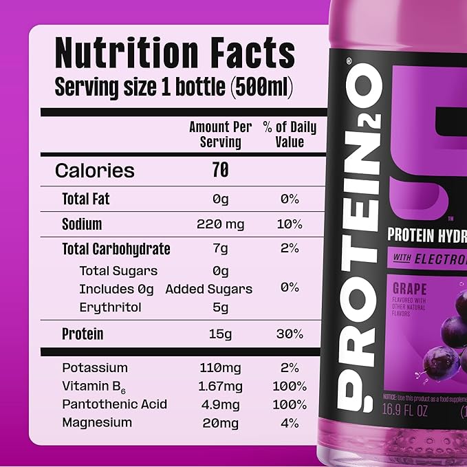 Protein2o Hydration Drink - 2-in-1 Liquid Clear Whey Protein Isolate and Electrolyte Drink - 15g Protein Vitamins B5 B6 - Post-Workout Recovery - 16.9 Fl Oz - 12 Count Grape