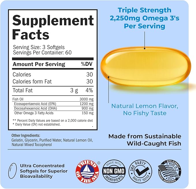Triple Strength Omega 3 Fish Oil 3000mg - High Potency Omega 3 Supplement for Women and Men Burpless Lemon Flavor Fish Oil - 2250mg Essential Fatty Acids with DHA &amp EPA Wild Caught 180 Softgels