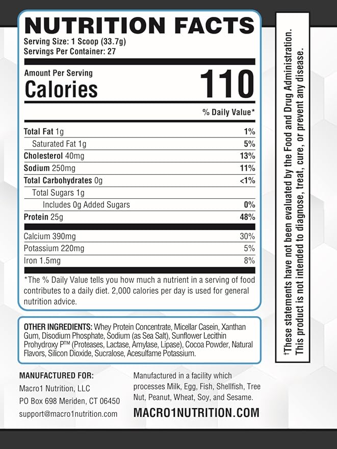 Macro1 Nutrition ONE Protein Powder Whey and Casein Blend Low Calorie Baking Protein - 27 Servings | NSF Certified for Sport