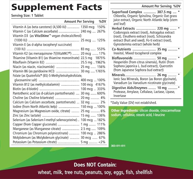 One n Only Whole Food Multivitamin by Pure Essence - Super Energetic Once a Day with Superfoods Minerals Enzymes Vitamin D D3 B12 Biotin - 90 Tablets