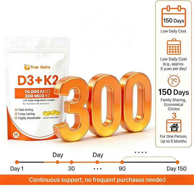 Vitamin D3 K2 Magnesium 10000 IU for Bone &amp Muscle Support 300 Softgels (1PC)