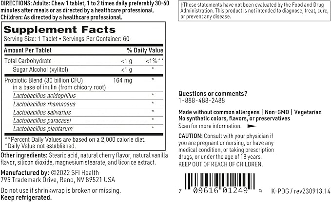 Klaire Labs SFI Health Prodegin Chewable Probiotic - Oral Health Support 30 Billion CFU Blend with L. salivarius for Men &amp Women Hypoallergenic Post-Bariatric &amp GI Support (60 Tablets 2 Pac